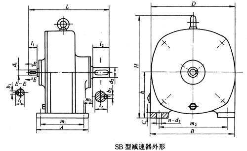 SB系列雙擺線針輪減速機外形及安裝尺寸、針齒中心圓直徑及傳動比